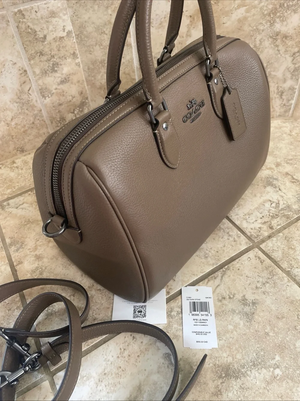 Coach Rowan Large Satchel Bag Crossbody In Leather Dark Stone CV960 NWT
